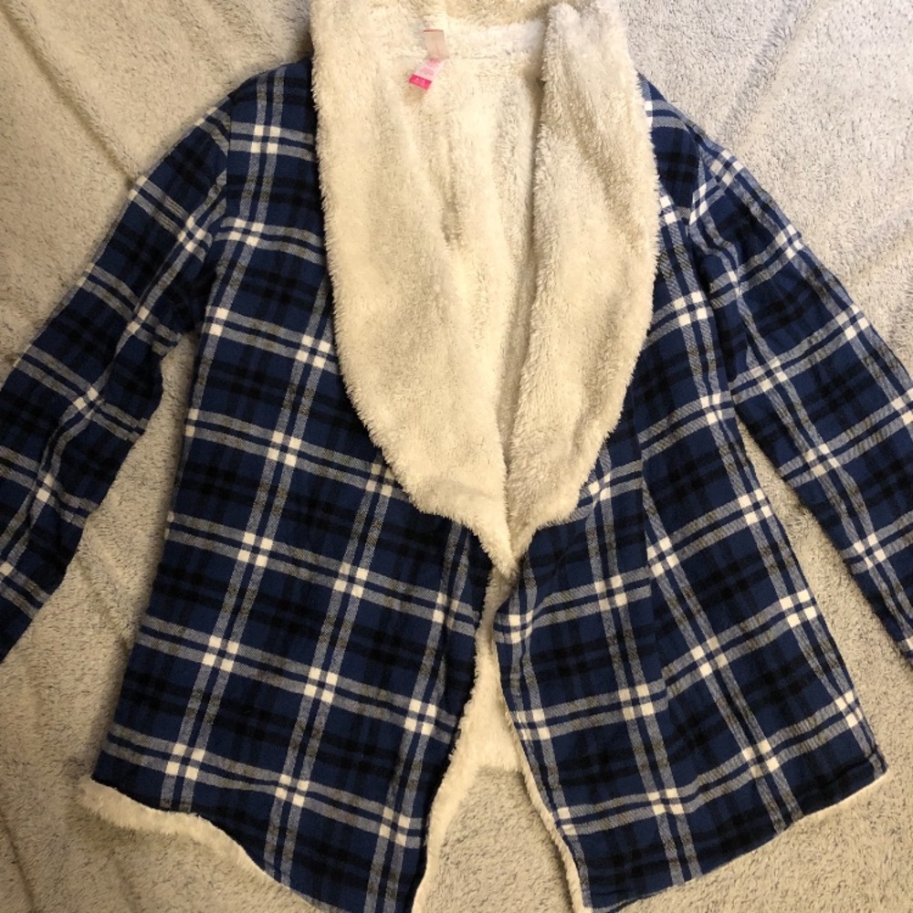 Fuzzy checkered cardigan